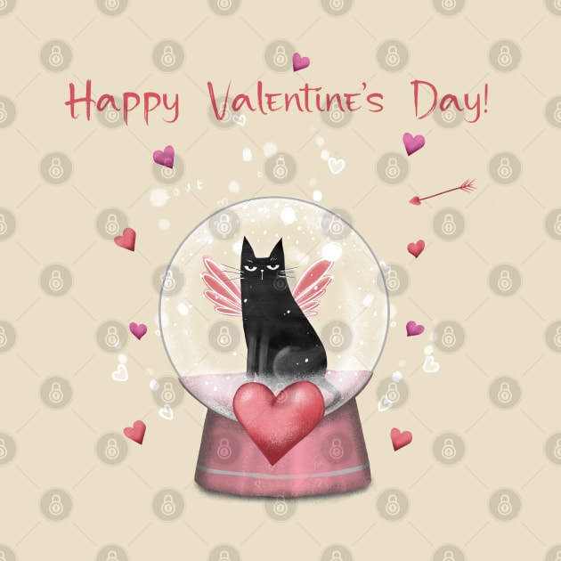 Happy valentines black cat. Cute cat and red hearts. by Olena Tyshchenko