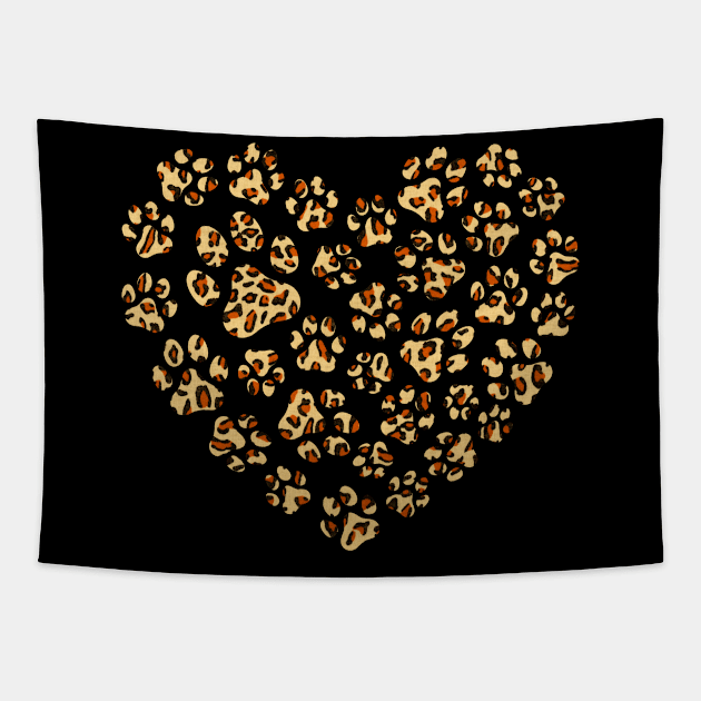 Leopard Print Love Heart Dog Paws Valentines Day Tapestry by Illustradise