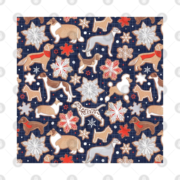 Catching ice and sweetness // pattern // navy blue background gingerbread white brown grey and dogs and snowflakes neon red details by SelmaCardoso