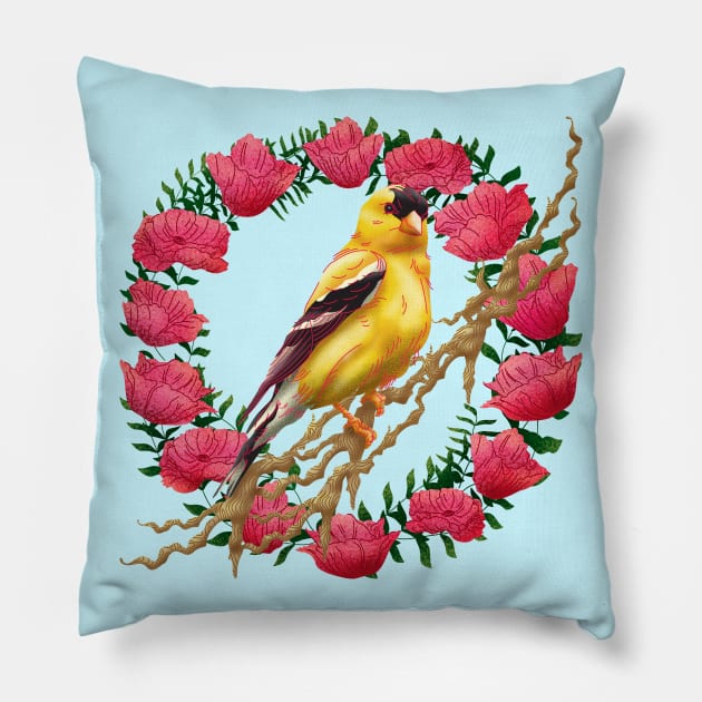 American Goldfinch Head Bird on Pink Flowers Pillow by Spirit Animals 21