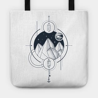 Creative Illustration In Geometric Style. Adventure, Nature, Travel, Mountains And Crystals Tote