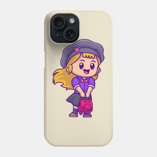 Cute Girl With Bag And Wearing Hat Cartoon Phone Case