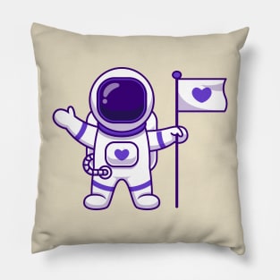 Cute Astronaut Standing With Flag Cartoon Pillow