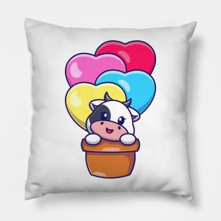 Cute cow flying with love balloon cartoon Pillow