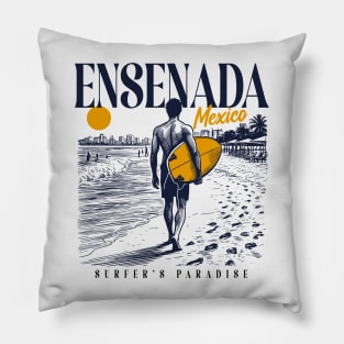 Vintage Surfing Ensenada, Mexico // Retro Surfer Sketch // Surfer's Paradise Pillow