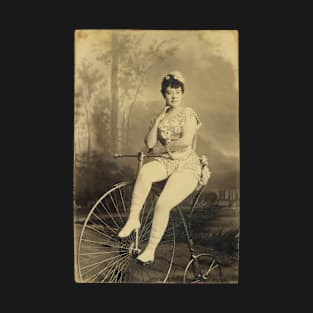Fabulous Woman in Costume on a Penny Farthing Bicycle, early 1900s - Vintage sepia photo, cleaned and restored T-Shirt