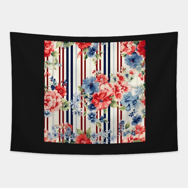 Red White and Blue Patriotic Shabby Floral Tapestry by VintageFlorals