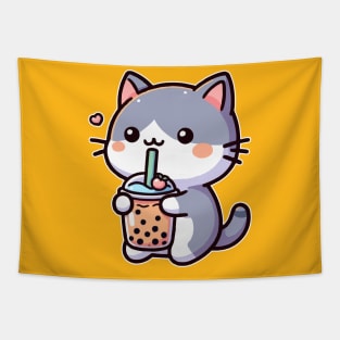 funny cat drink orange boba Tapestry