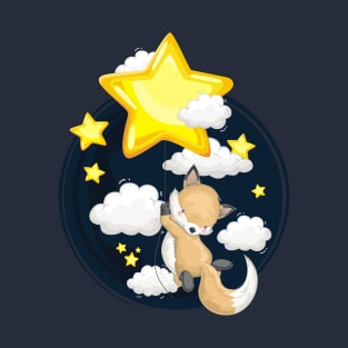 Cute Animal. Cute Fox flying with star at night T-Shirt