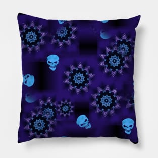 Blue Glow Skull Mandala - Goth Fashion - emo, punk, halloween, hippie, boho, bohemian Pillow