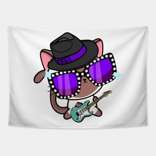 Cute White Cat jamming on the electric guitair Tapestry