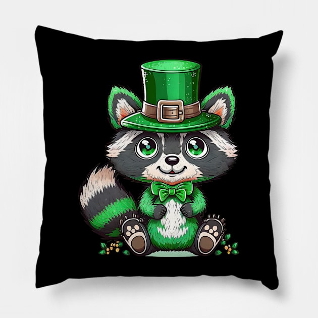 Raccoon Leprechaun Funny Raccoon Lover Shamrock St Patrick's Day Pillow by Ai Wanderer