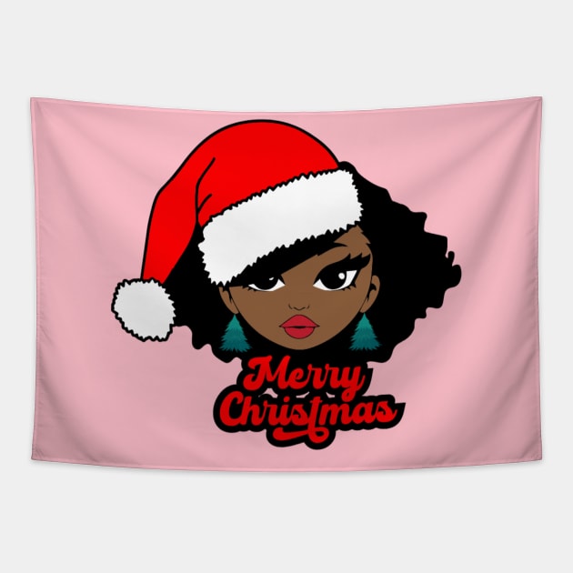 Merry Christmas Santa Hat, Black Girl Christmas Magic Tapestry by UrbanLifeApparel