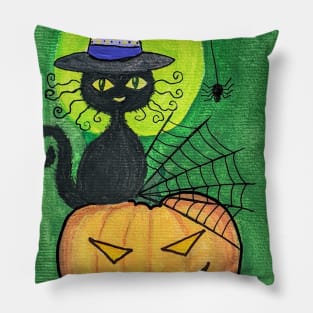 Black cat in purple witch hat on Jack o lantern gouache painting Pillow