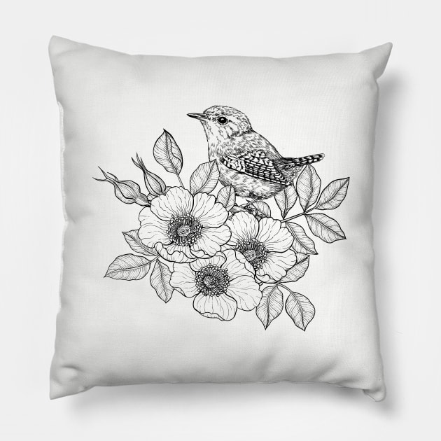 Wren on a dog rose, black and white Pillow by katerinamk