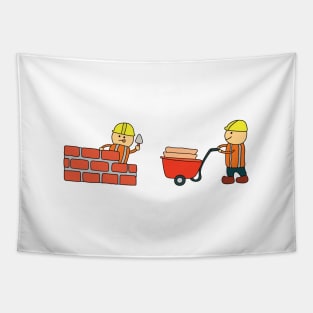 Kids drawing vector Illustration of construction workers building a brick wall and pushing wheelbarrow Tapestry