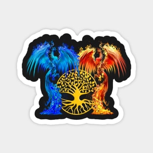 Fantasy Fire And Ice Phoenix Gold Tree Of Life Magnet