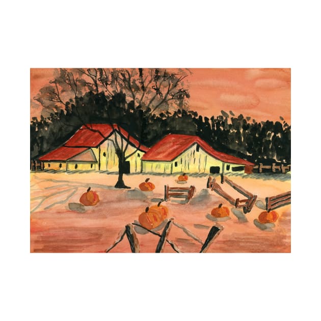 Halloween Farm. Watercolor Painting by EugeniaAlvarez