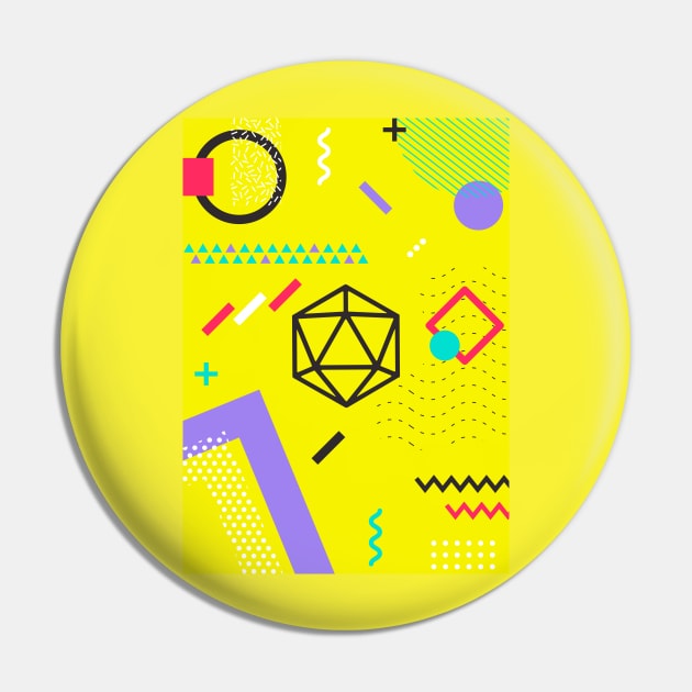 Retro Memphis Yellow Polyhedral 20 Sided Dice Tabletop RPG Pin by dungeonarmory