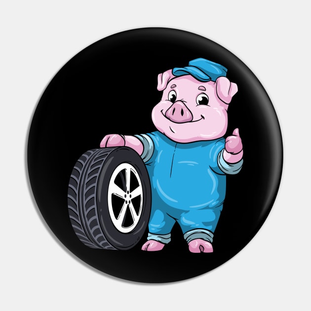 Pig as Car mechanic with Tires Pin by Markus Schnabel