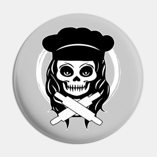 Female Baker Skull and Rolling Pins White Logo Pin