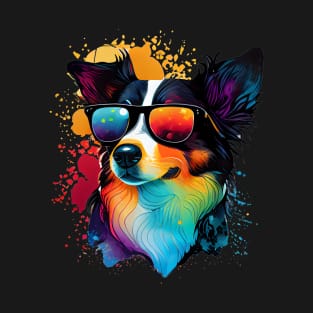 Colourful Cool Border Collie Dog with Sunglasses T-Shirt