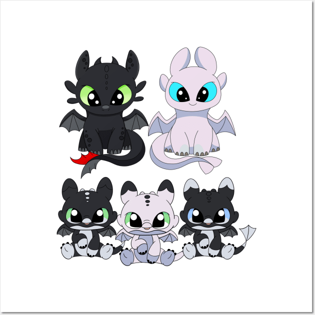 Udvinding Aktiv Mos Cute dragon family, baby night fury set, toothless light fury, night lights  dragon babies - How To Train Your Dragon Toothless - Posters and Art Prints  | TeePublic
