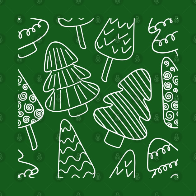 White Outline Chalkboard Christmas Tree Doodle Pattern on Green Background, made by EndlessEmporium by EndlessEmporium