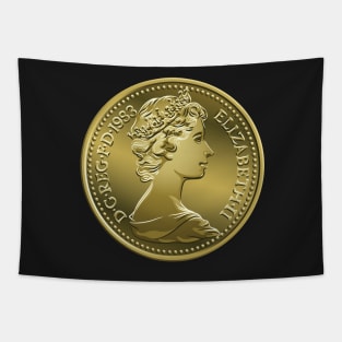 British coin 5 pence with Queen Elizabeth II Tapestry