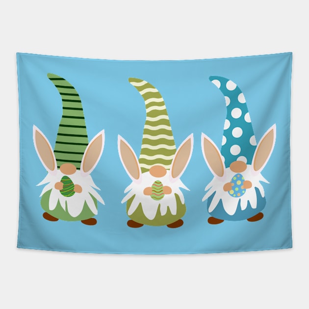 Cute Three easter gnomes with bunny ears holding eggs Tapestry by yasminepatterns