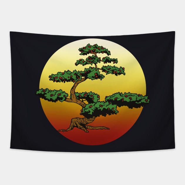 Bonsai tree before setting sun Tapestry by Foxxy Merch