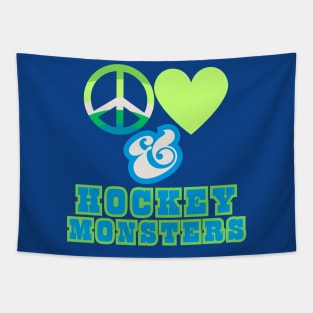 Peace, Love & Hockey Monsters  - Pacific Northwest  Retro Pop Electric Green Style Tapestry