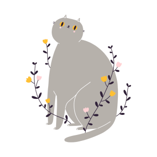 Grey British cat with flowers T-Shirt