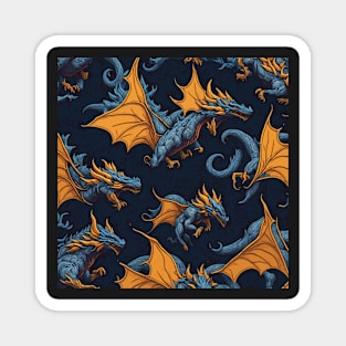 Blue And Orange Flying Dragons Tileable Seamless Pattern Design Magnet