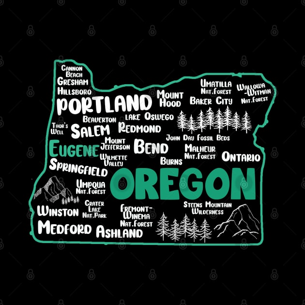 Cute map of Eugene Oregon, Portland, Salem, Springfield, Bend, Ontario, Medford by BoogieCreates