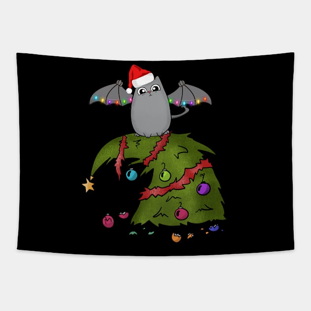 Bat Dragon Cat with Santa Hat on Christmas Tree Tapestry by Wanderer Bat