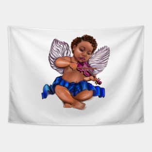 Black Angel playing the violin - Sun kissed curly haired Baby cherub angel classical art Tapestry