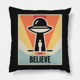 BELIEVE | Vintage Style UFO Alien Abduction Poster Pillow