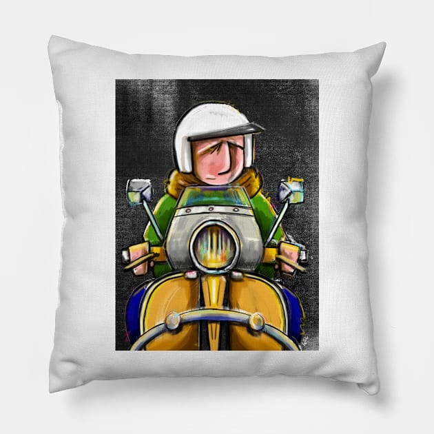 Retro Scooter, Classic Scooter, Scooterist, Scootering, Scooter Rider, Mod Art Pillow by Scooter Portraits