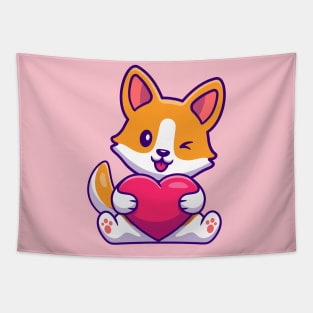 Cute Corgi Dog Holding Heart Cartoon Tapestry