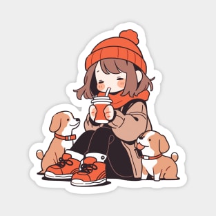 Cute dog mom drinking hot chocolate with her dogs Magnet