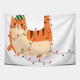 Funny Christmas Lights Ginger Cat Tapestry