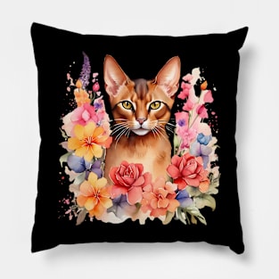 An abyssinian cat decorated with beautiful watercolor flowers Pillow