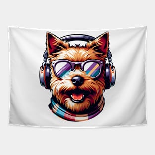 Norfolk Terrier as Smiling DJ with Headphones and Sunglasses Tapestry