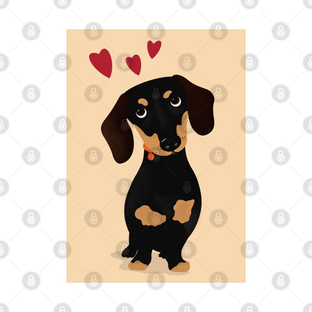 Cute Cartoon Dachshund with Three Red Hearts by NattyDesigns