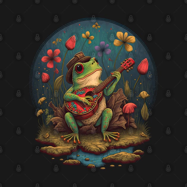 Cottagecore aesthetic cute frog playing ukelele on Mushroom by JayD World