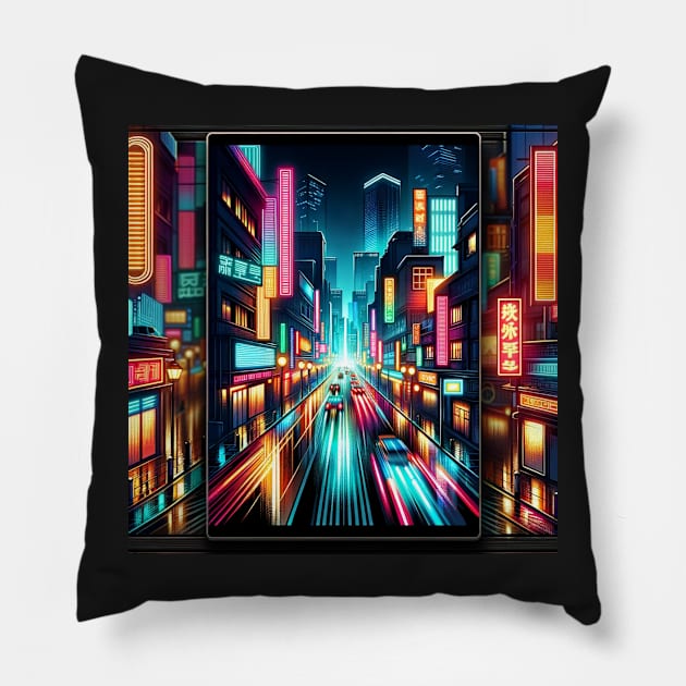 Neon Nightscape: Urban Glow and Reflections Pillow by heartyARTworks