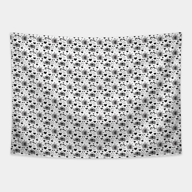 Hearts and Elephants Black and White Pattern Tapestry by saradaboru