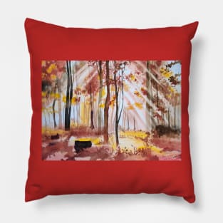 Lights in Autumn Forest in watercolours Pillow