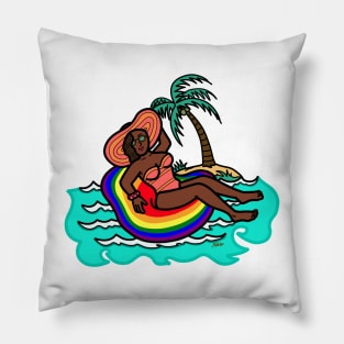 Young female woman in swim ring floatie summer Pillow